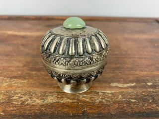 19th/20th C.  Chinese Sterling Silver Inlaid Jade Covered Box