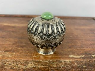 19th/20th C.  Chinese Sterling Silver Inlaid Jade Covered Box 2