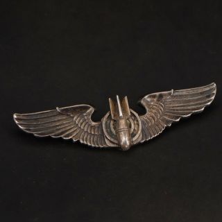 Vtg Coin Silver - Wwii Military Shield Pilot Wings Brooch Pin - 20.  5g