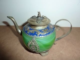 Vintage Chinese 14cm Long White Metal,  Green Glass &dragon Decor Cloisonne Teapot