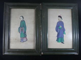 Antique Chinese A Set Of Pith Paper Paintings Of A Couple W/ Frame 19th/early 20