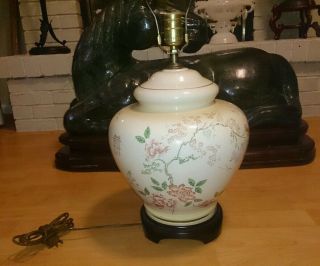 Vintage Large Chinese 1960s Hand Painted Ginger Jar Lamp,  With Wood Stand Signed