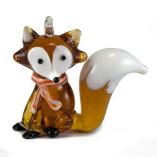Hanging Miniature Hand Blown Amber Glass Fox Ornament Figurine 1.  5 " High