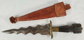 Vintage Wavy Blade Dagger W/ Leather Sheath Wood & Brass Handle