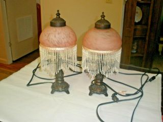 Vintage Boudoir Table Lamps With Art Glass Beaded Shades - Pink 14 " Tall