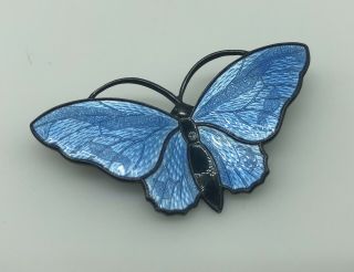 Larger Vtg Aksel Holmsen Norway Sterling Silver Blue Enamel Butterfly Pin Brooch