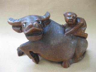 Vintage / Antique Chinese Carved Wood Figure Of A Water Buffalo With Rider 1647