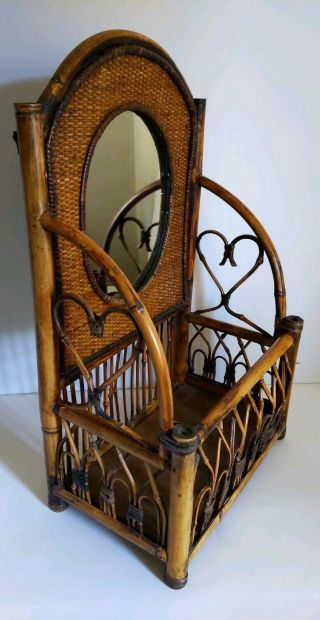 Vintage Bamboo & Wicker Wall Hanging Or Table Top Vanity Shelf Basket Mirror