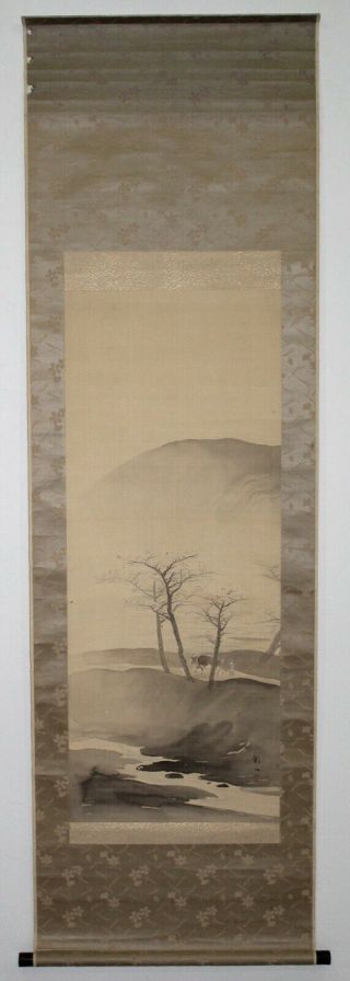 Japanese Silk Scroll Painting Cow Herder Signed Nagayasu Gazan (1875 - 1964)