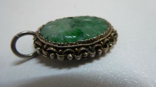 Vintage Carved Jade Flower Silver Mounted Pendant