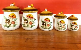 Vintage Merry Mushroom Ceramic Cookie Jar Set Of 5 Sears Roebuck And Co.  1978