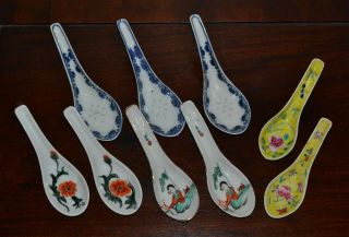Group 9 Old Or Antique Chinese Porcelain Spoons Hand - Painted