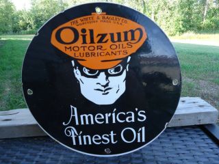 Old Vintage 1950s Oilzum Motor Oil Gas Porcelain Gas Station Pump Sign America