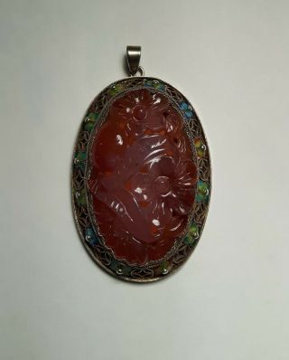 Antique Chinese Silver Filigree & Enamel Pendant With Carved Carnelian Agate