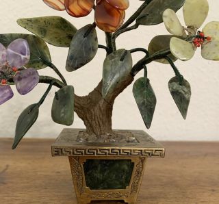 Antique Chinese Carved Nephrite Jade Tree With Carnelian Flowers Brass 2