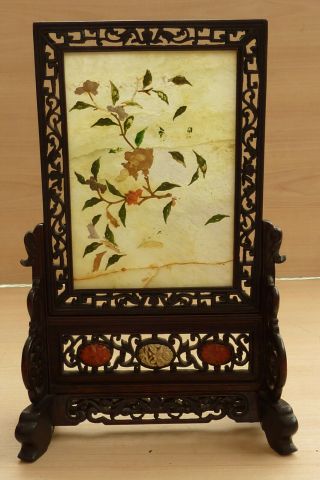 Lovely Vintage Oriental Japanese Carved Wood Miniature Jade Decorated Screen