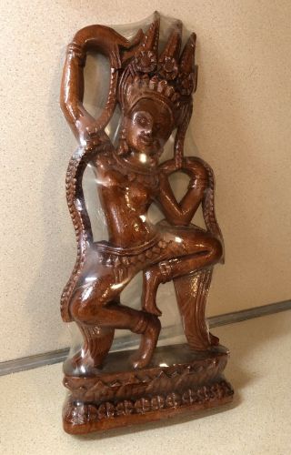 Dancing Apsara Statue Figurine Carved Wood Cambodian Southeast Asia 12” Tall Vgc