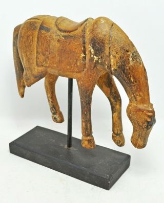 Antique Wooden Horse Figurine Statue Old Hand Carved Mounted On Stand
