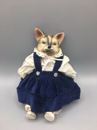 Vintage Cat Doll With Blue Dress Porcelain Bisque Head,  Hands,  Feet Soft Body 8”