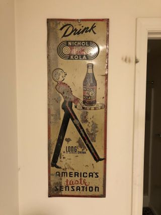 Vintage Embossed Tin Drink Nichol Kola Sign Soda Pop Cola Waiter Long Taste
