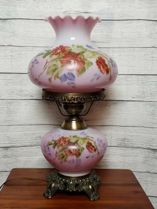 Vintage Hurricane Parlor Table Lamp 21 " Hand Painted Floral Glass Ruffle Gwtw
