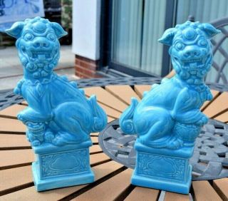Pair Vintage Chinese Turquoise Blue Glazed Foo Lion Dogs Fenshui 9 1/2 " Vgc
