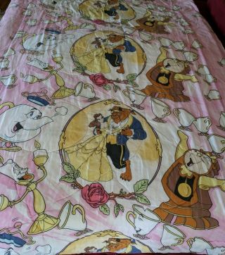 Vtg 90s Disney Beauty & Beast Reversible Twin Comforter Belle Pink White Yellow