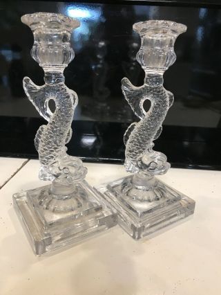Vintage Ghc Clear Glass Dolphin Koi Fish Candlesticks 9” - Tallholders Midcentury