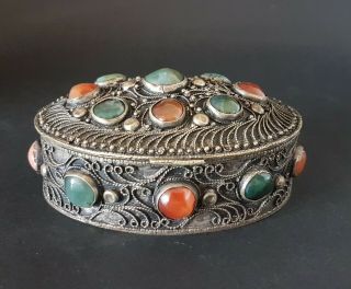 Small Late 19th C.  Indian Silver Cannetille Filigree Box With Polished Stones