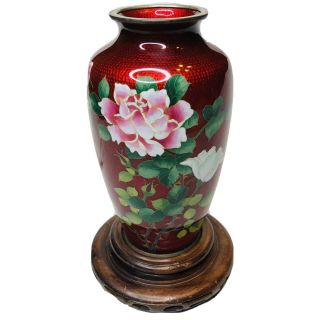 Stunning Vintage Japanese Akasuki Ginbari Cloisonné Vase,  Silver Rims 7.  5 "