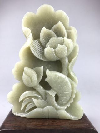 Chinese Pure Natural Hetian Jade Statue Lotus And Fish Statue Carved By Hand