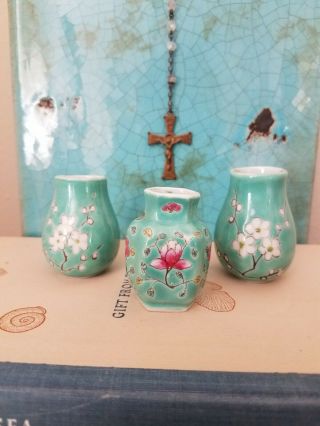 Vintage Chinese Miniature Aqua Turquoise Vases,  Rose Famille Porcelain,  Set 3