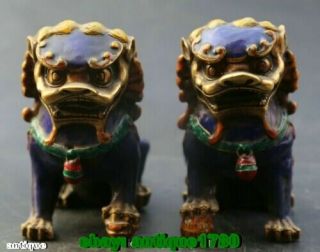 A Pair Vintage Chinese Cloisonne Copper Bronze Statue - Lion Foo Dog