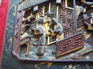 Antique Chinese Hand Carved Figural Wood Panel Wall Hanging Gilded 18 " X 8 1/2 "