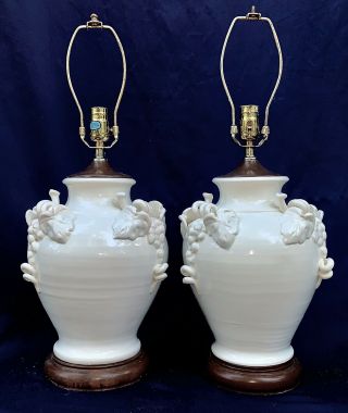 Vintage Pair 28” Glazed Ceramic / Porcelain Ginger Jar Urn Trophy Lamps W/grape