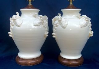Vintage Pair 28” Glazed Ceramic / Porcelain Ginger Jar Urn Trophy Lamps w/Grape 2