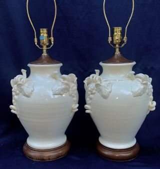 Vintage Pair 28” Glazed Ceramic / Porcelain Ginger Jar Urn Trophy Lamps w/Grape 3