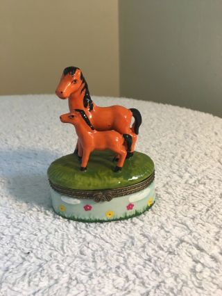 Mare And Foal Equestrian Hinged Trinket Box Porcelain With A Prize Inside