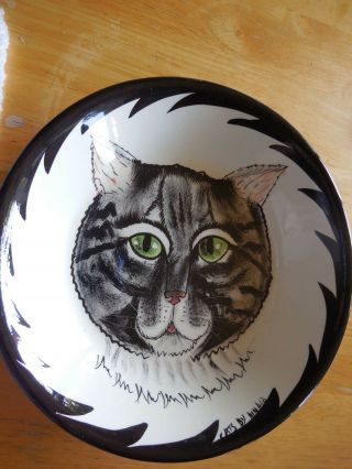 Cats By Nina Blk/grey Tabby Cat With Green Eyes Bowl Ceramic 8 "