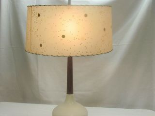 Mcm Vintage Ceramic And Wood Lamp With Whipstiched Fiberglass Shade