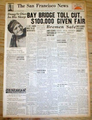 1939 Display Newspaper With Death Of Silent Movie Star Douglas Fairbanks Sr