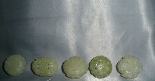 Old Chinese Pale Jade Carved Beads Set Of 5,  Very Good