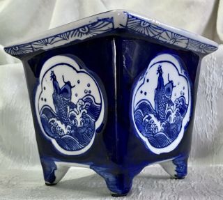 Vintage Chinese Blue & White Square Porcelain Planter Jardiniere Cachepot