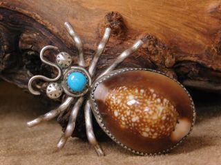 Vintage Southwest Sterling Silver,  Cowrie Shell And Turquoise Bug Pin