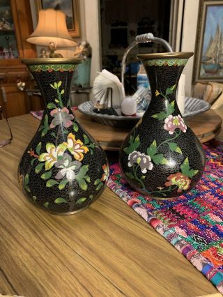Fine Old Pair Chinese Cloisonne Enamel Black Ground Cloud And Floral Vase