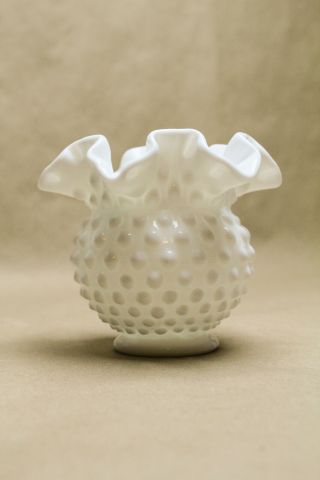 Vintage Fenton White Milk Glass Hobnail Ruffled Crimped Vase Bowl