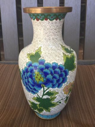 Vintage Chinese Cloisonne Vase White With Flowers 9 " Tall.