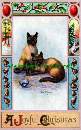 1915 Art Nouveau Border Bells Siamese Cats O.  Billinger Christmas Note Cards