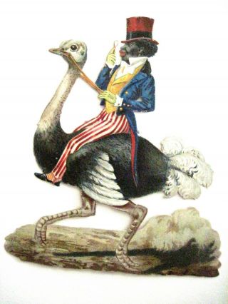 Large Vintage Americana Die Cut W/ Man Riding An Ostrich
