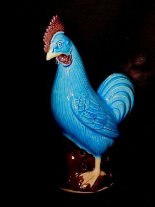 Vintage China Rooster 9 1/2 " Tall Turquoise Figurine Unique Flower Frog Base